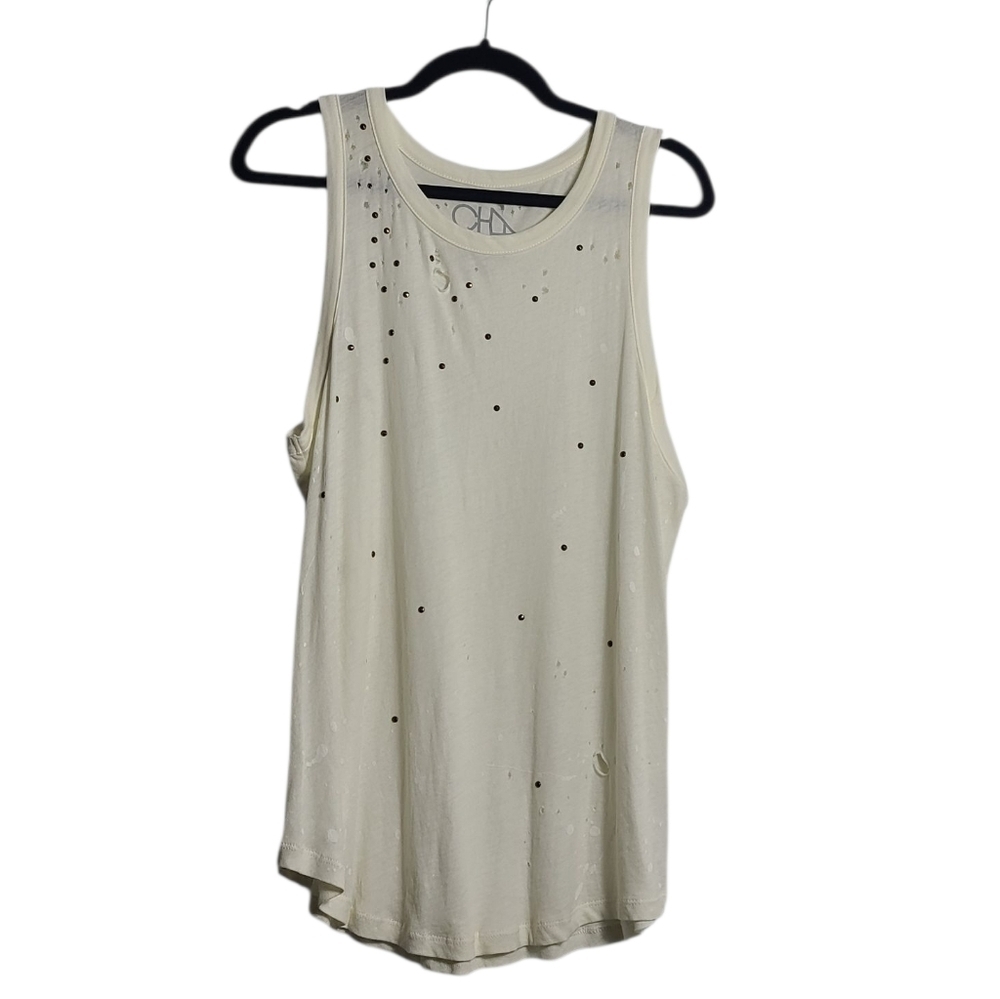 CHASER Paint Splatter Distressed Tank Cream Sleeveless Top Size Large